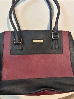 Calvin Klein Saffiano Leather Colorblock Burgundy and Black Tote